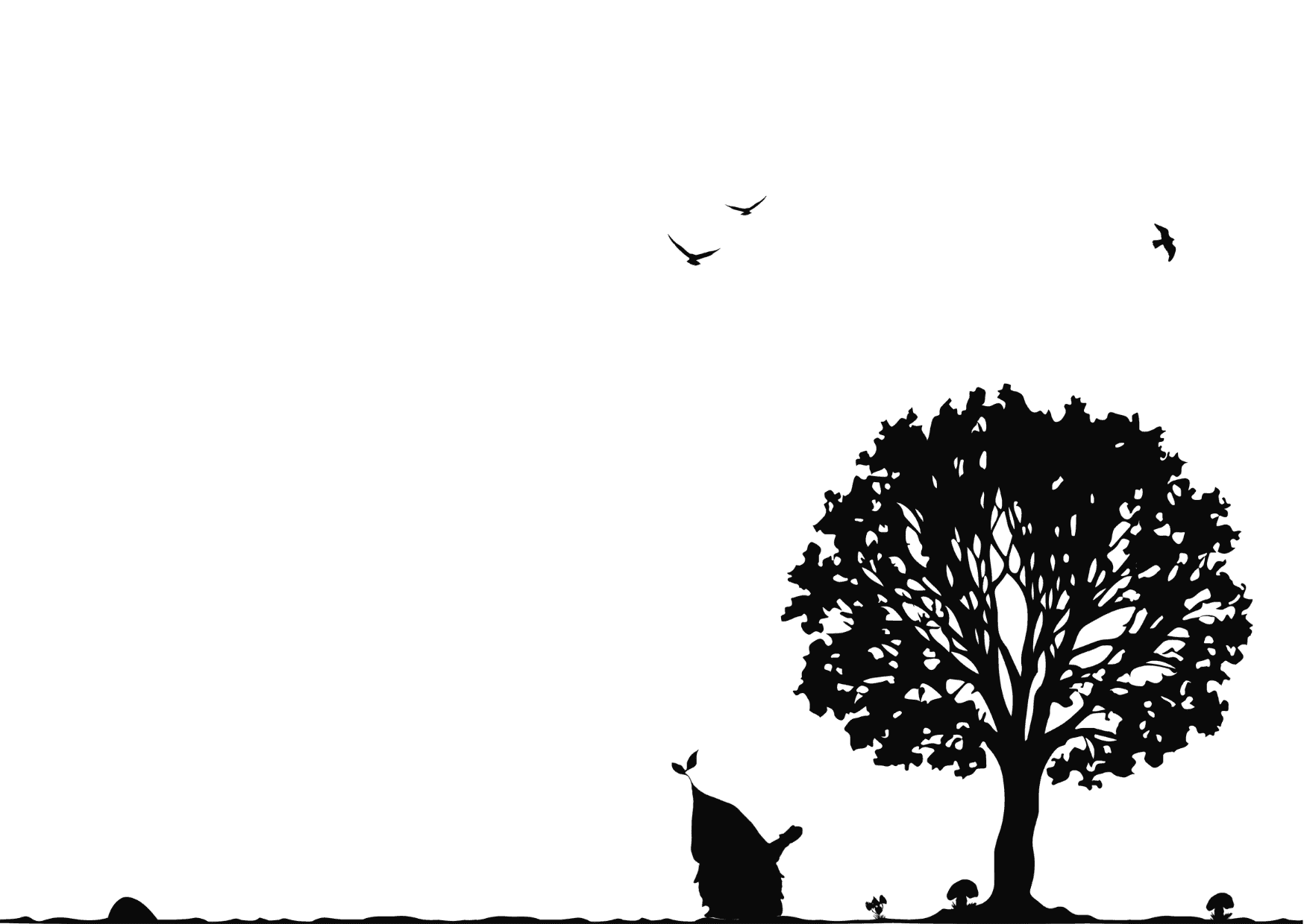 A whimsical scene with trees and mushrooms