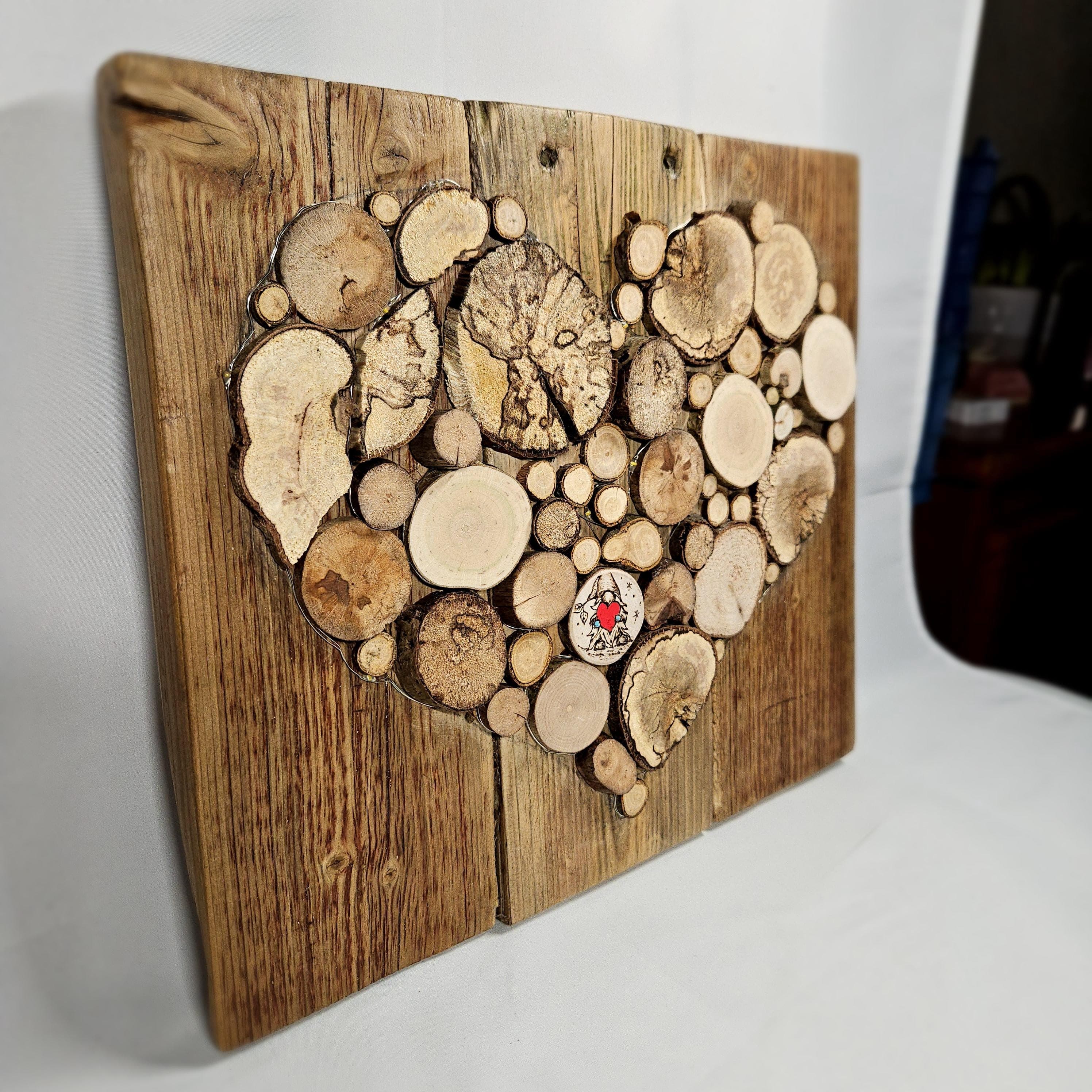 Wood Slice Mosaic featuring Pyrography Detail and Heart Design, made in Wotton-under-Edge, Gloucestershire, by Bough & Burrow - View 4