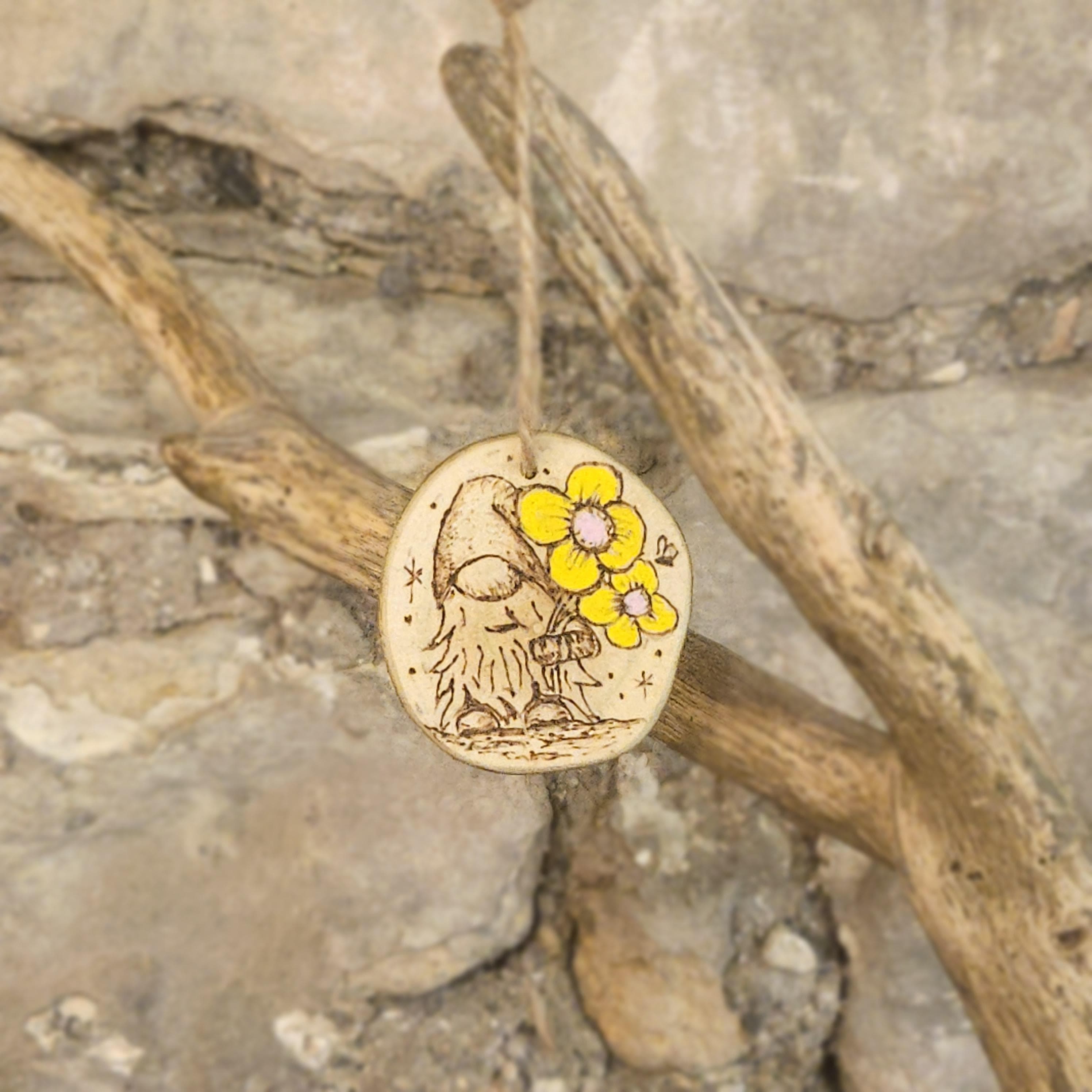 Mother's Day Gnome & Flowers Wooden Ornament with Landscape with Flowers, made in Wotton-under-Edge, Gloucestershire, by Bough & Burrow - View 2