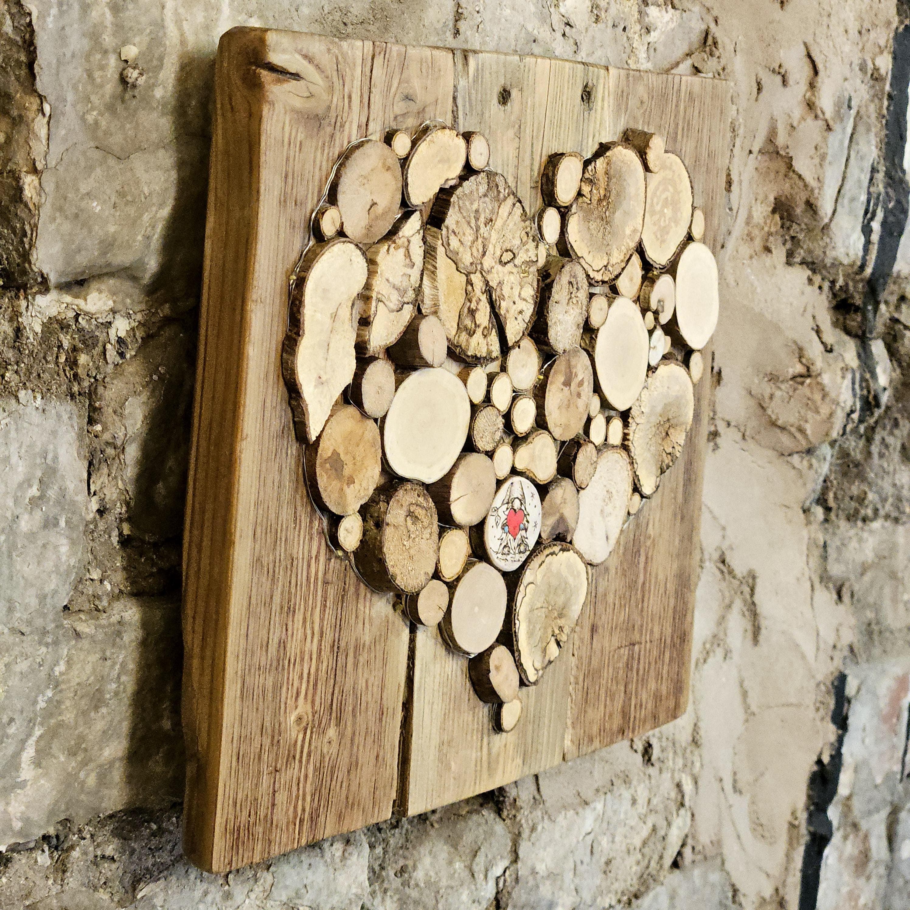 Wood Slice Mosaic featuring Pyrography Detail and Heart Design, made in Wotton-under-Edge, Gloucestershire, by Bough & Burrow - View 10