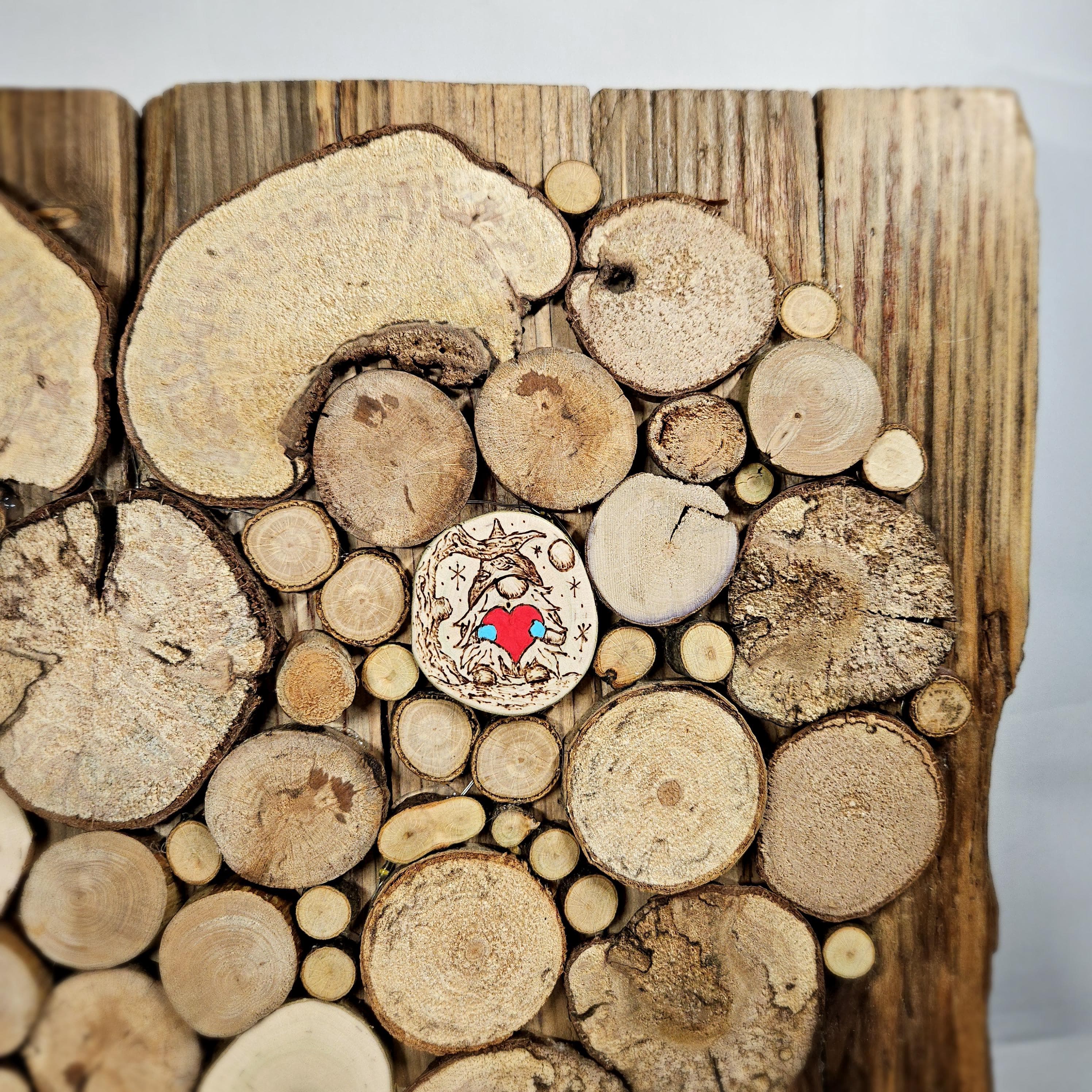 Wood Slice Heart with Fairy Lights & Pyrography, Mixed native species, made in Wotton-under-Edge, Gloucestershire, by Bough & Burrow - View 3