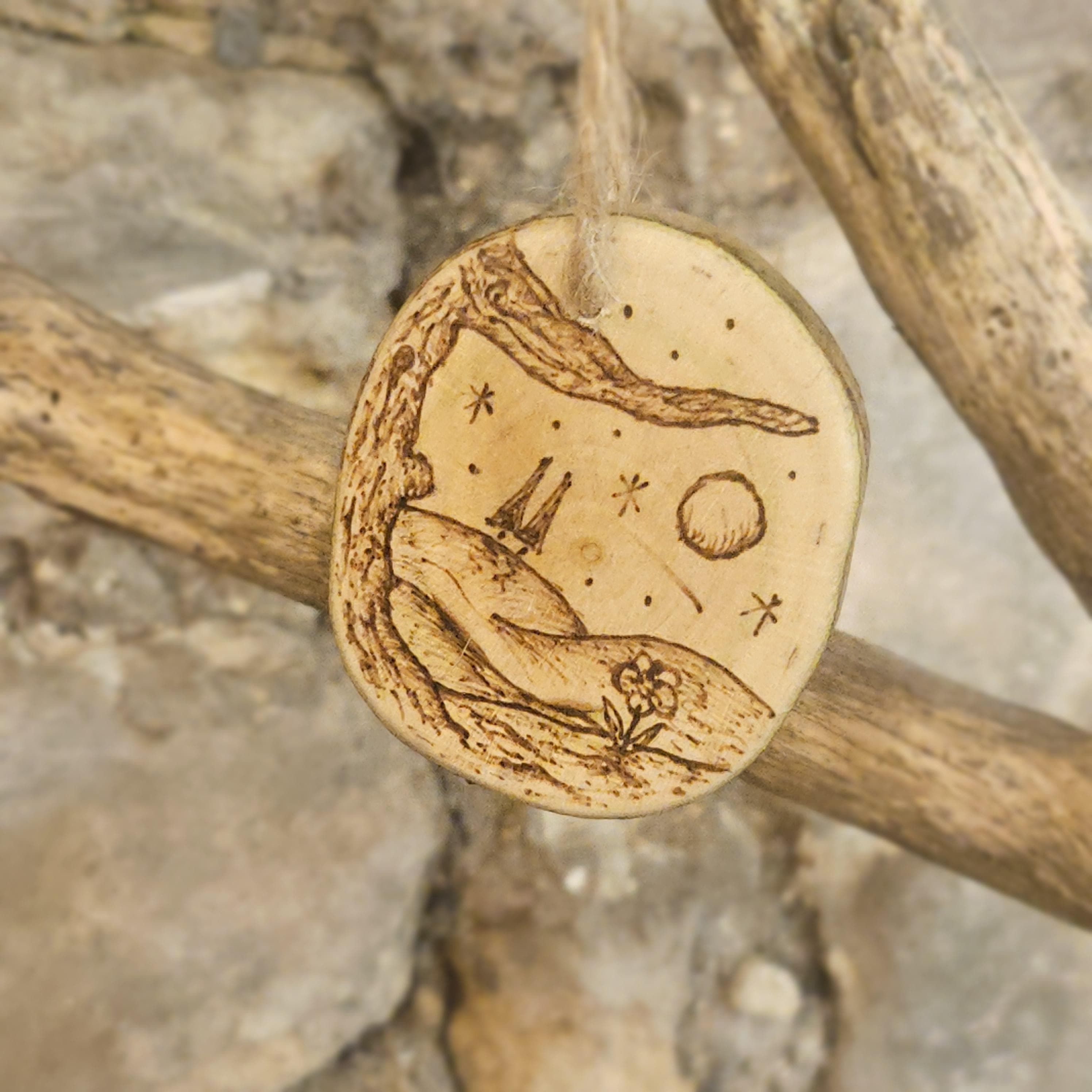 Wood slice Art, Spring Gonk / Gnome & Flowers Wooden Keepsake with Moonlit Landscape, made in Wotton-under-Edge, Gloucestershire, by Bough & Burrow - View 4