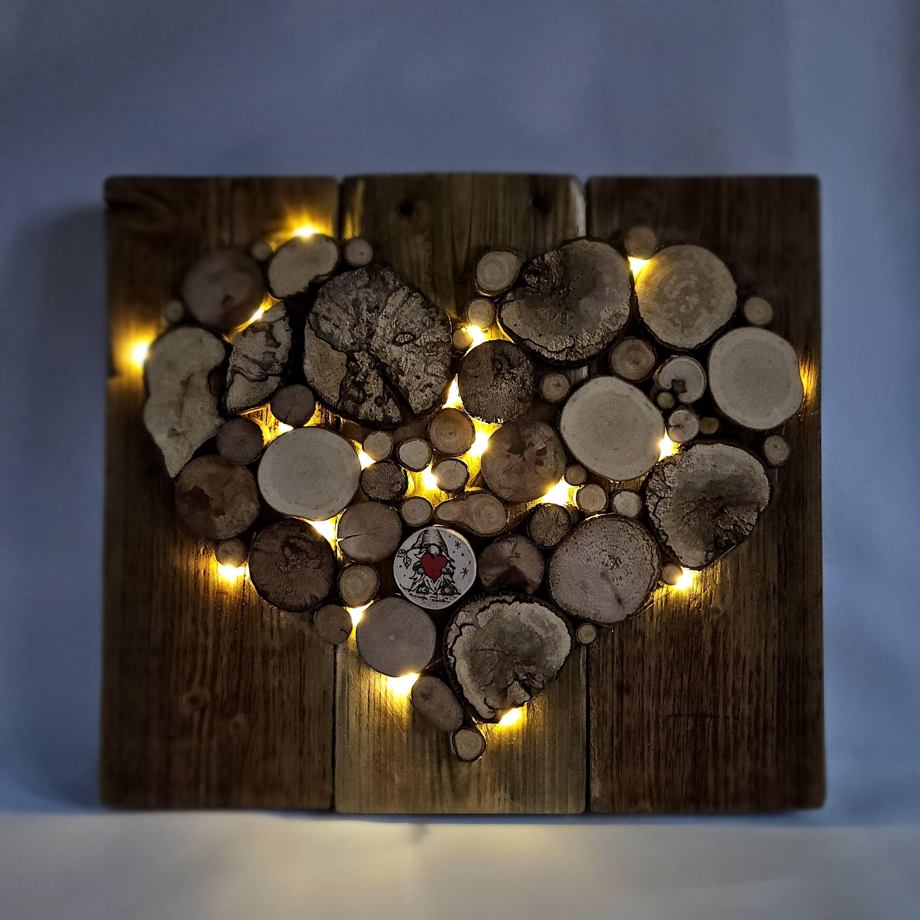 Wood Slice Mosaic featuring Pyrography Detail and Heart Design, made in Wotton-under-Edge, Gloucestershire, by Bough & Burrow - View 6