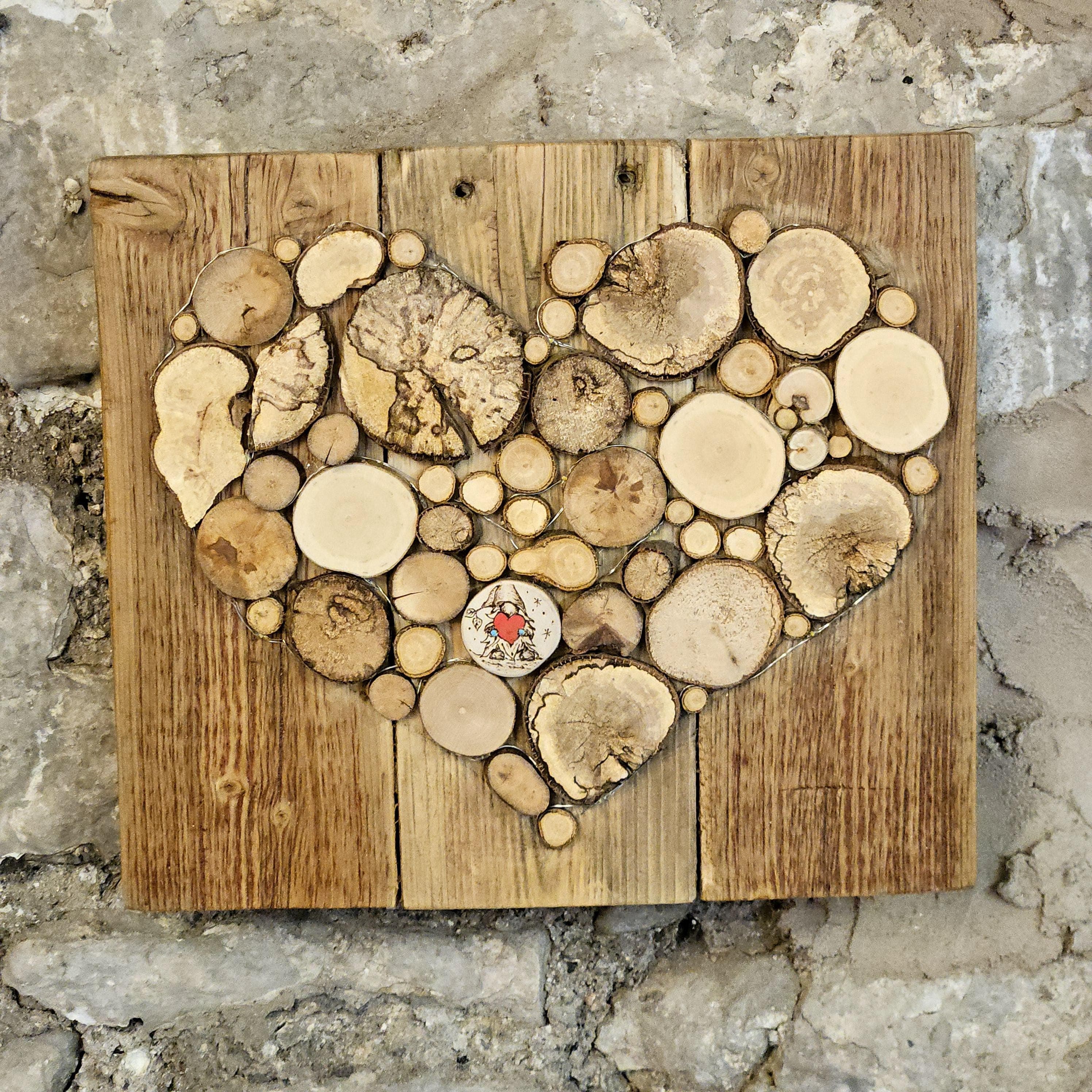 Wood Slice Mosaic featuring Pyrography Detail and Heart Design, made in Wotton-under-Edge, Gloucestershire, by Bough & Burrow - View 8