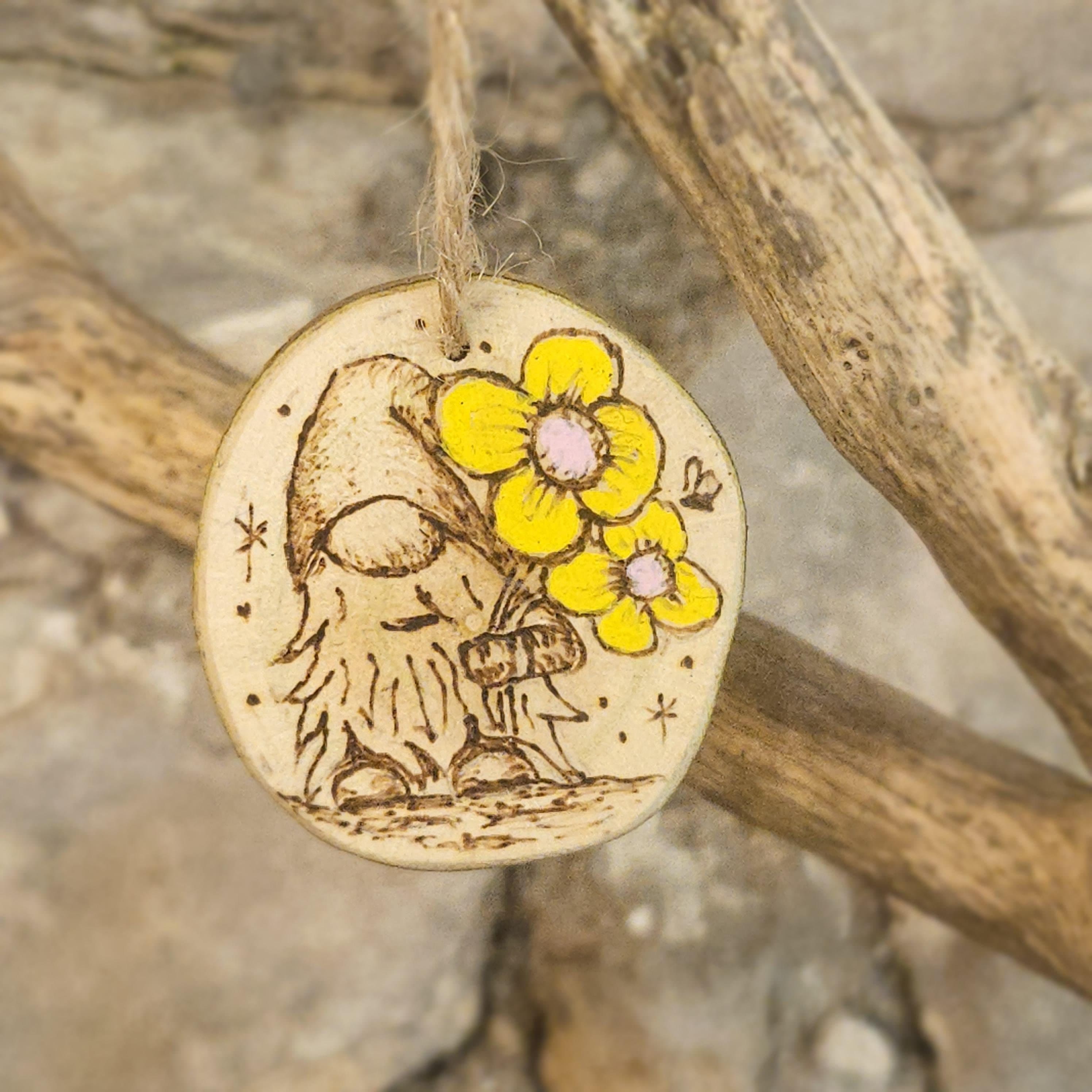 Mother's Day Gnome & Flowers Wooden Ornament with Landscape with Flowers, made in Wotton-under-Edge, Gloucestershire, by Bough & Burrow