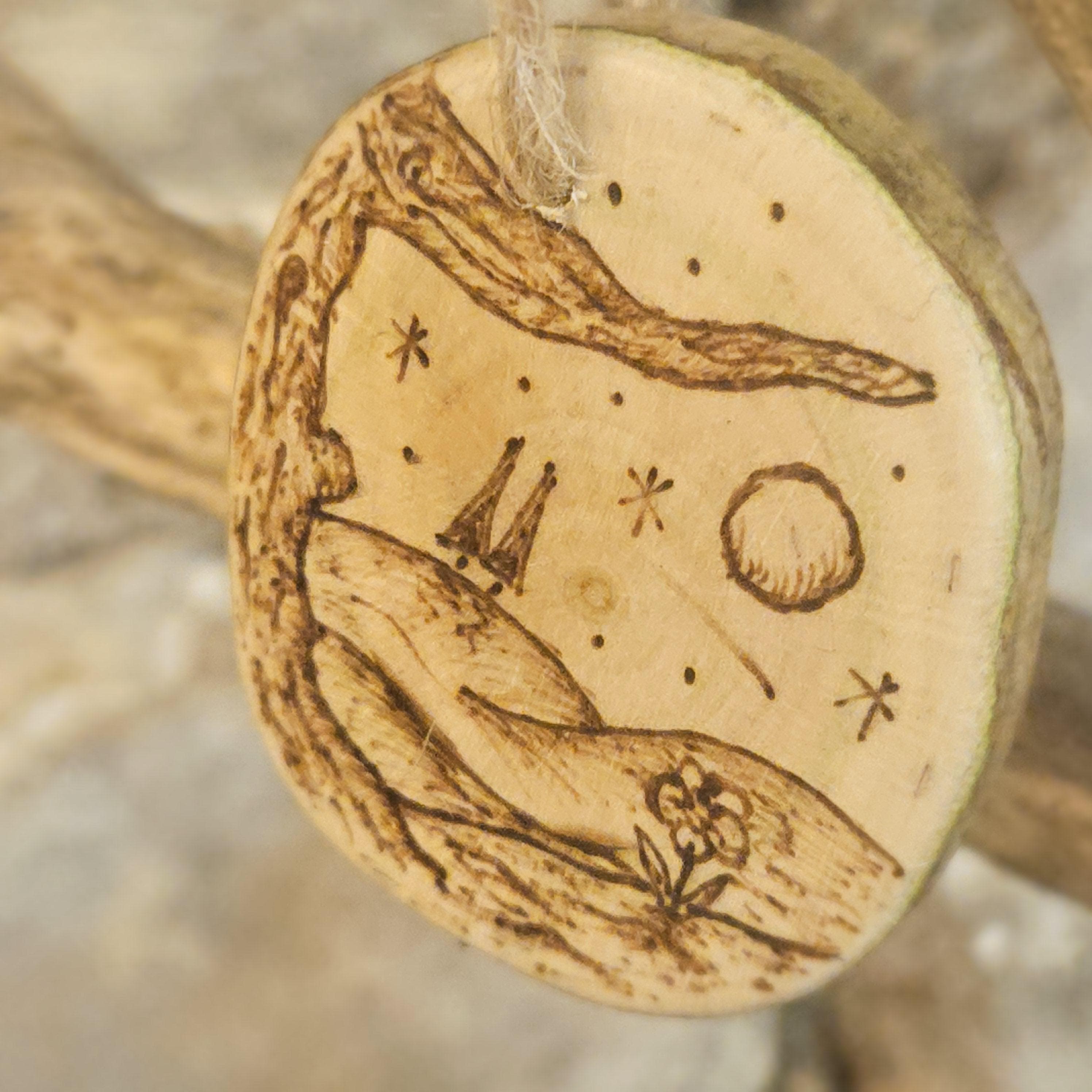 Wood slice Art, Spring Gonk / Gnome & Flowers Wooden Keepsake with Moonlit Landscape, made in Wotton-under-Edge, Gloucestershire, by Bough & Burrow - View 6