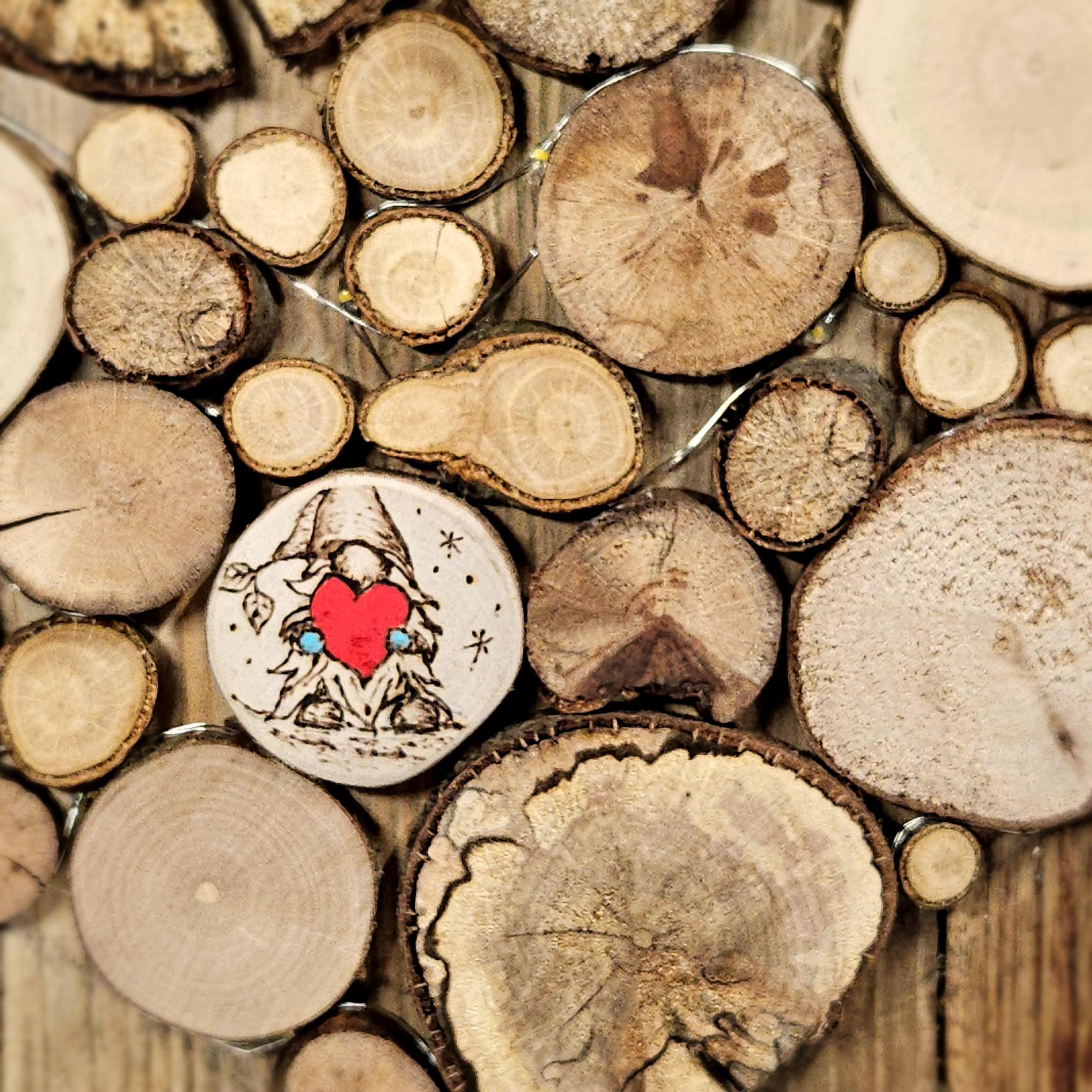 Wood Slice Mosaic featuring Pyrography Detail and Heart Design, made in Wotton-under-Edge, Gloucestershire, by Bough & Burrow - View 5