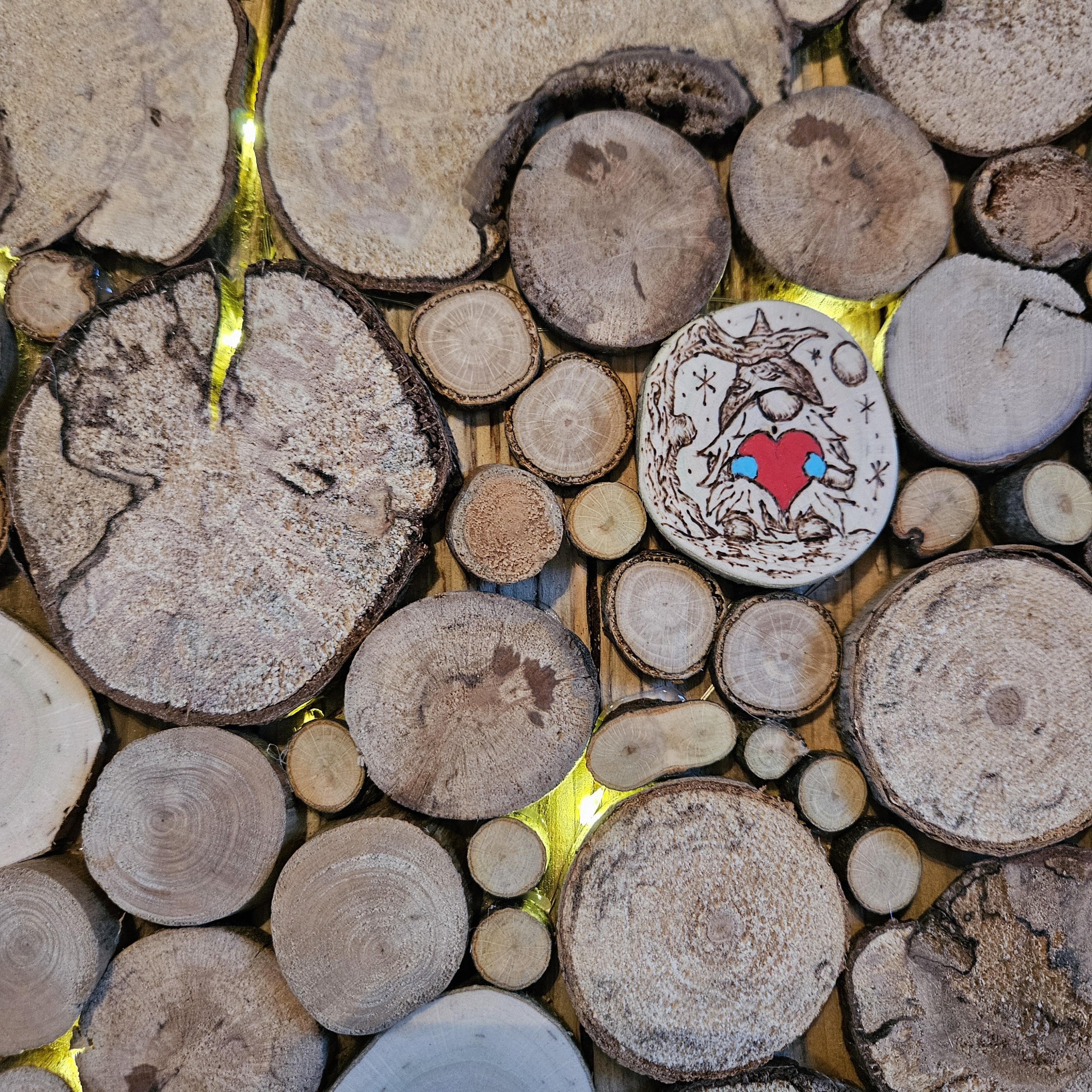 Wood Slice Heart with Fairy Lights & Pyrography, Mixed native species, made in Wotton-under-Edge, Gloucestershire, by Bough & Burrow - View 7