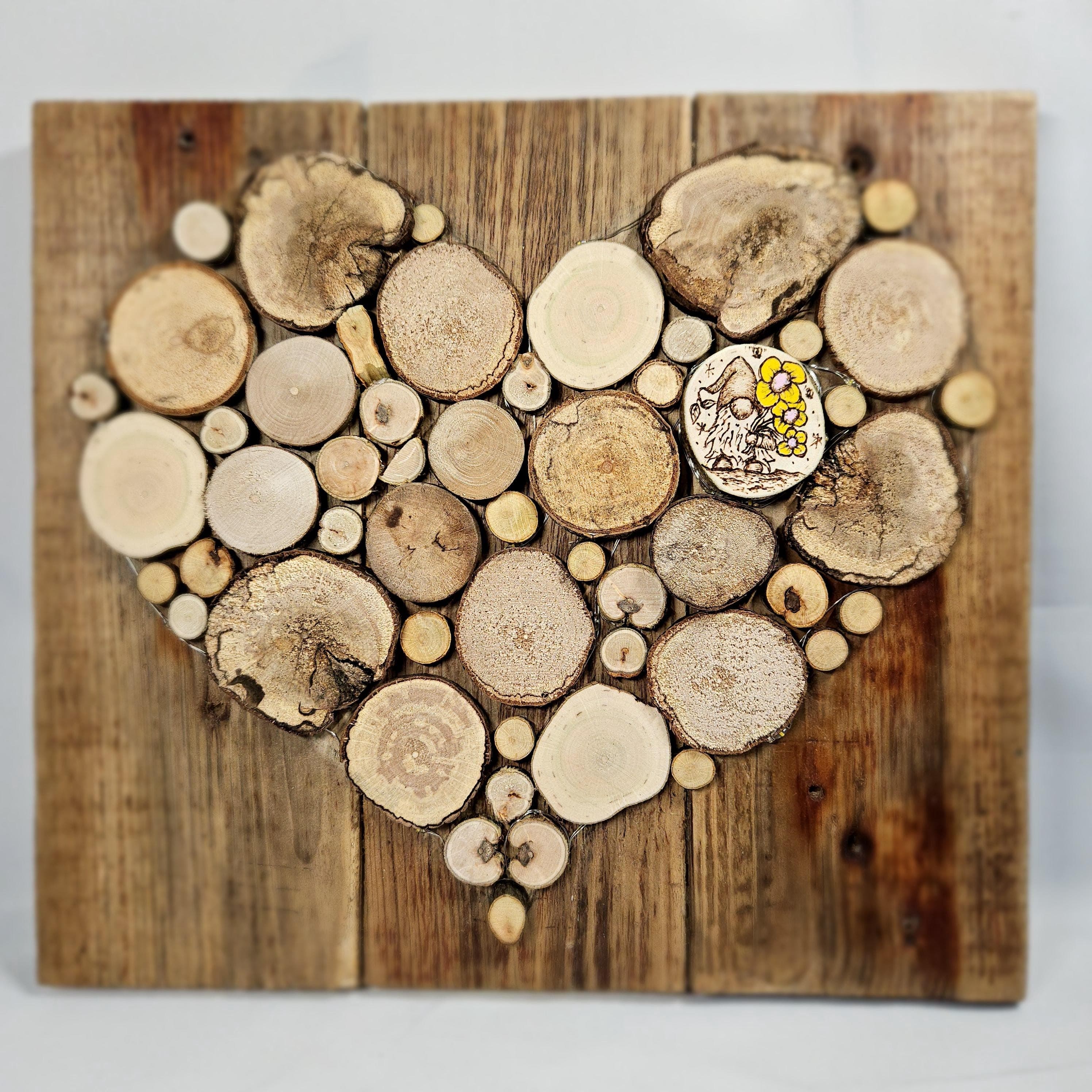 Wooden Wall Art wood decor featuring Heart Design and Pyrography Gonk & Flowers Detail, Rustic Wall Art, Wood Decor, Mother's Day Gift, made in Wotton-under-Edge, Gloucestershire, by Bough & Burrow