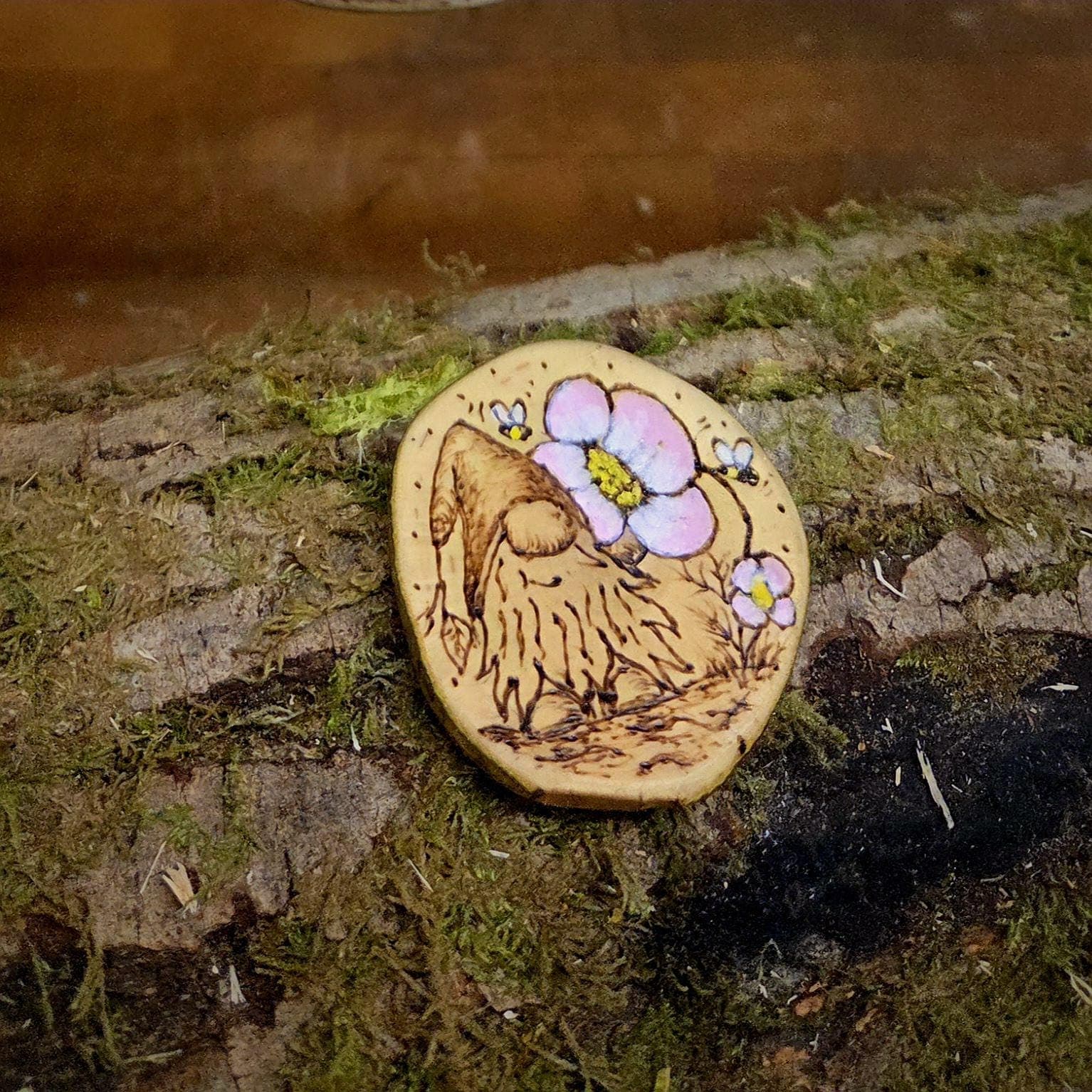 Hazel Wood Keepsake: Gonk Smelling Pink Flowers, Hazel, made in Wotton-under-Edge, Gloucestershire, by Bough & Burrow - View 2
