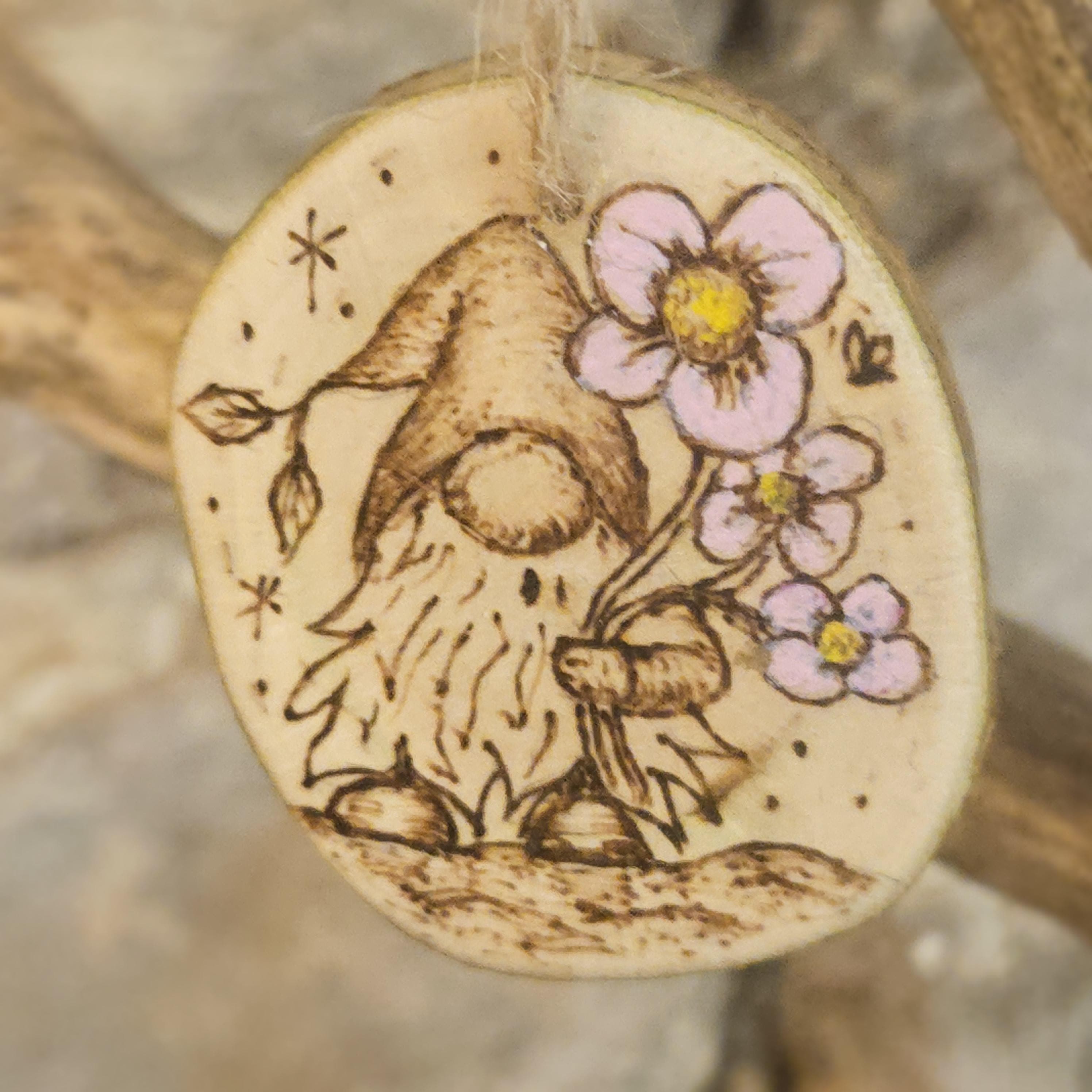 Wood slice Art, Spring Gonk / Gnome & Flowers Wooden Keepsake with Moonlit Landscape, made in Wotton-under-Edge, Gloucestershire, by Bough & Burrow