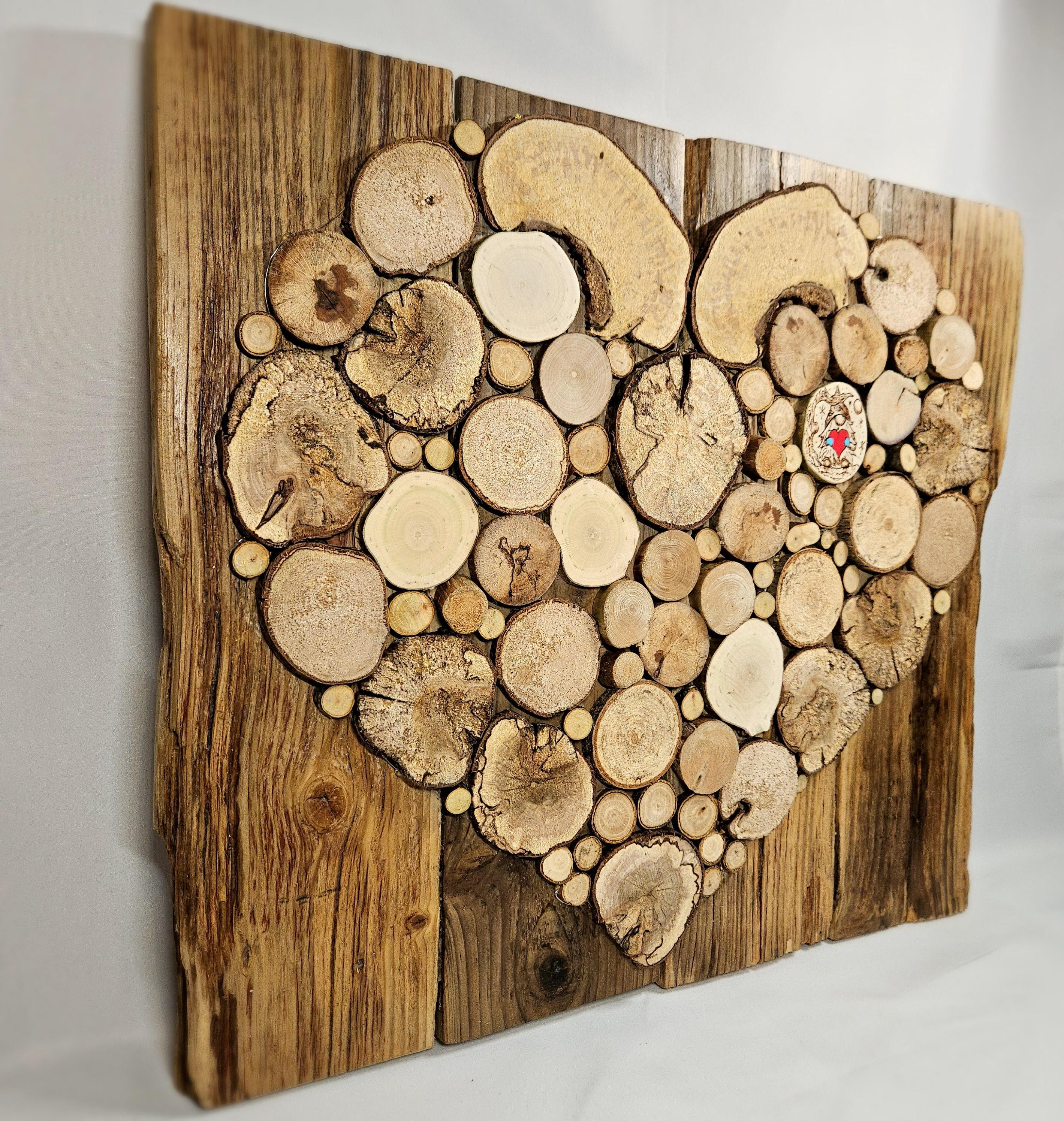 Wood Slice Heart with Fairy Lights & Pyrography, Mixed native species, made in Wotton-under-Edge, Gloucestershire, by Bough & Burrow - View 5