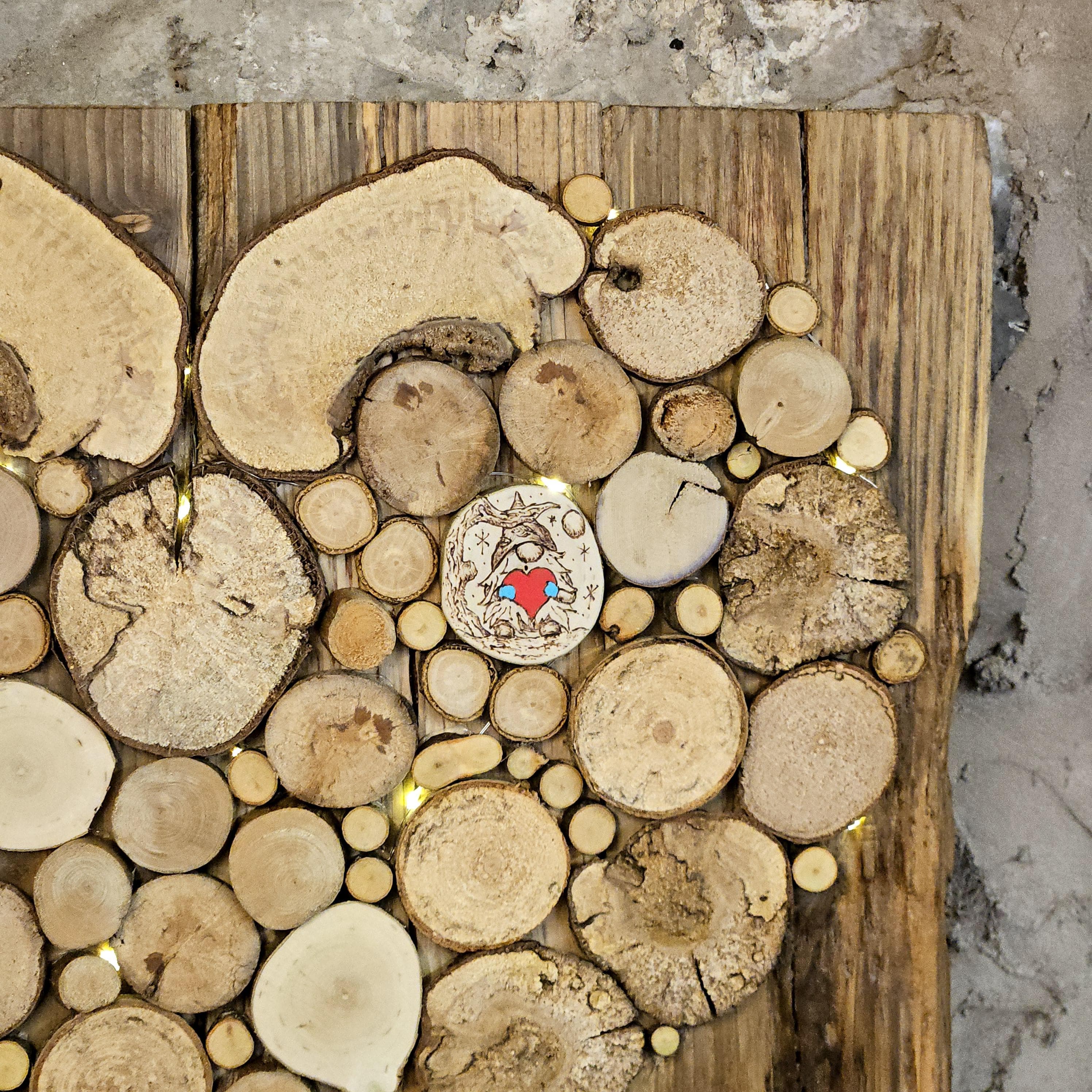 Wood Slice Heart with Fairy Lights & Pyrography, Mixed native species, made in Wotton-under-Edge, Gloucestershire, by Bough & Burrow - View 9