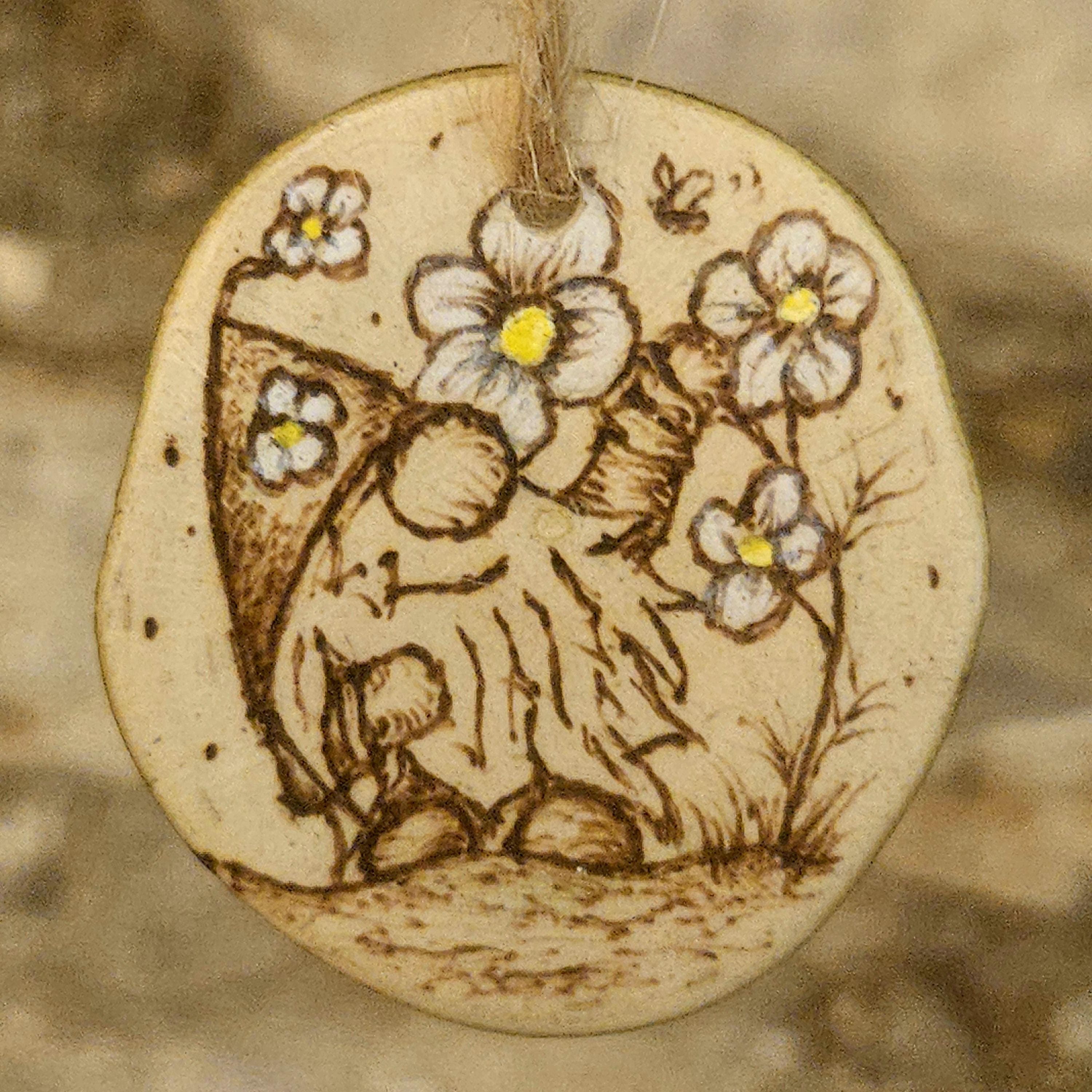 Wood Slice Art Spring Gonk / Gnome & Flowers Wooden Keepsake with Whimsical Landscape, made in Wotton-under-Edge, Gloucestershire, by Bough & Burrow
