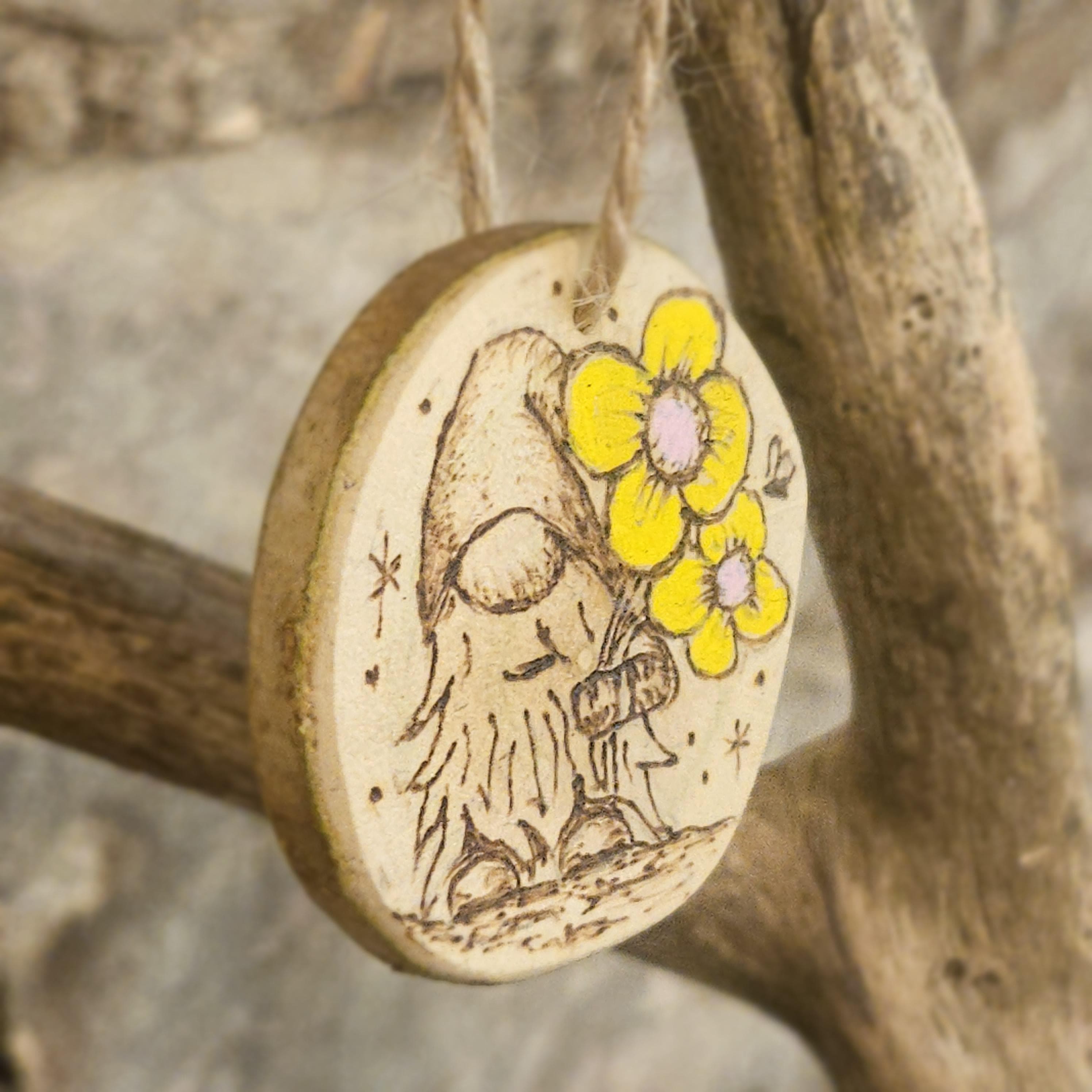 Mother's Day Gnome & Flowers Wooden Ornament with Landscape with Flowers, made in Wotton-under-Edge, Gloucestershire, by Bough & Burrow - View 3