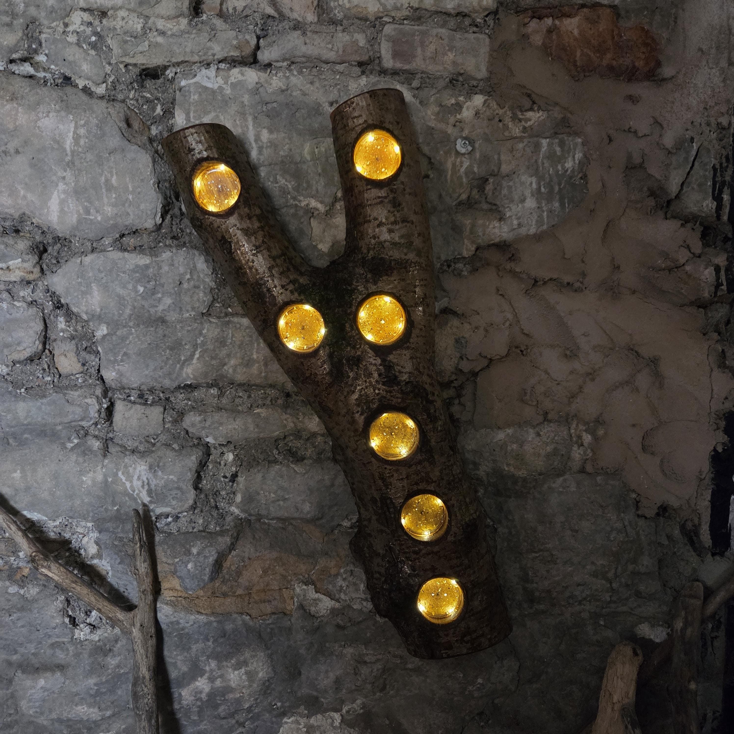 Rustic Forked Hazel Tealight Holder with Fairy Lights, Hazel, made in Wotton-under-Edge, Gloucestershire, by Bough & Burrow - View 2