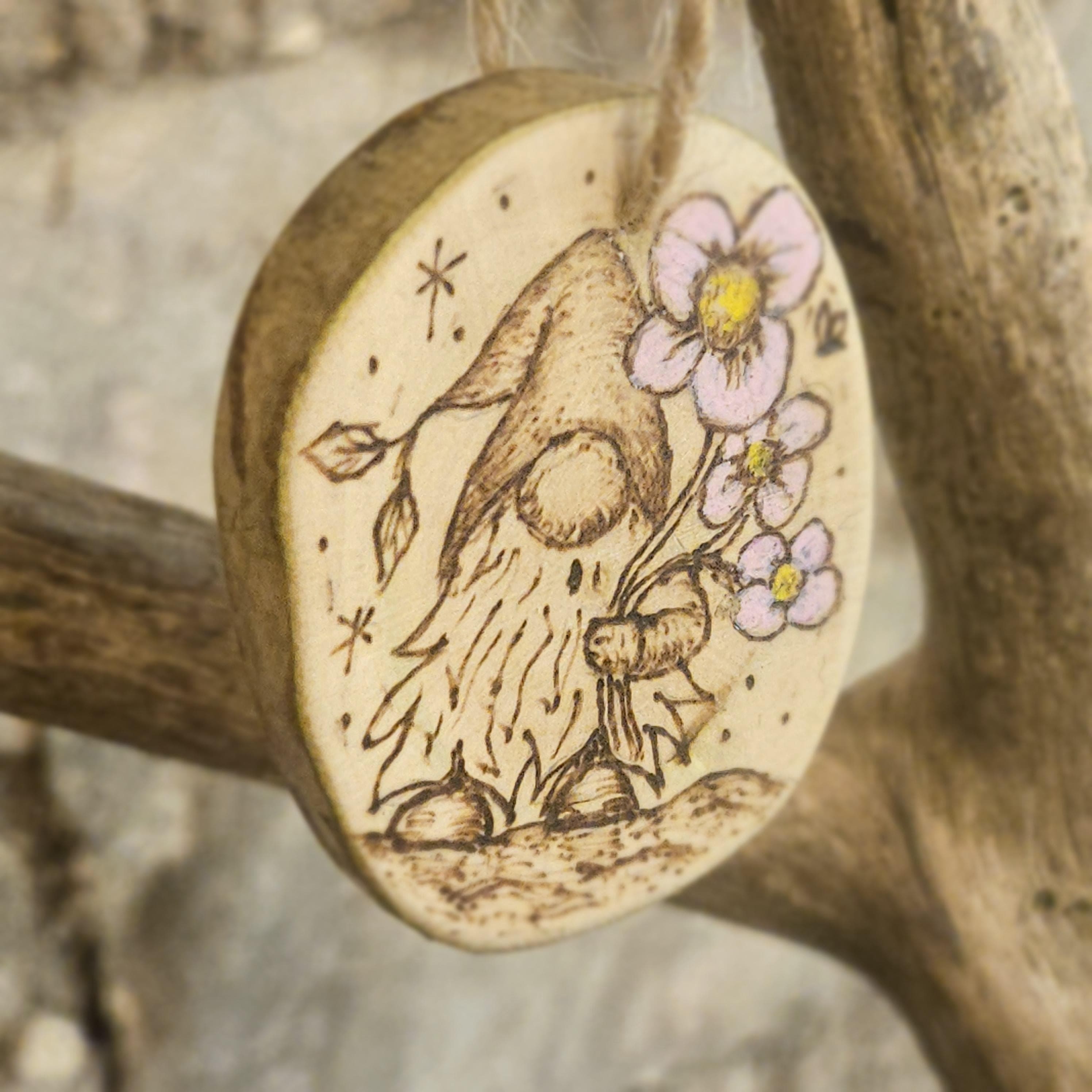 Wood slice Art, Spring Gonk / Gnome & Flowers Wooden Keepsake with Moonlit Landscape, made in Wotton-under-Edge, Gloucestershire, by Bough & Burrow - View 3