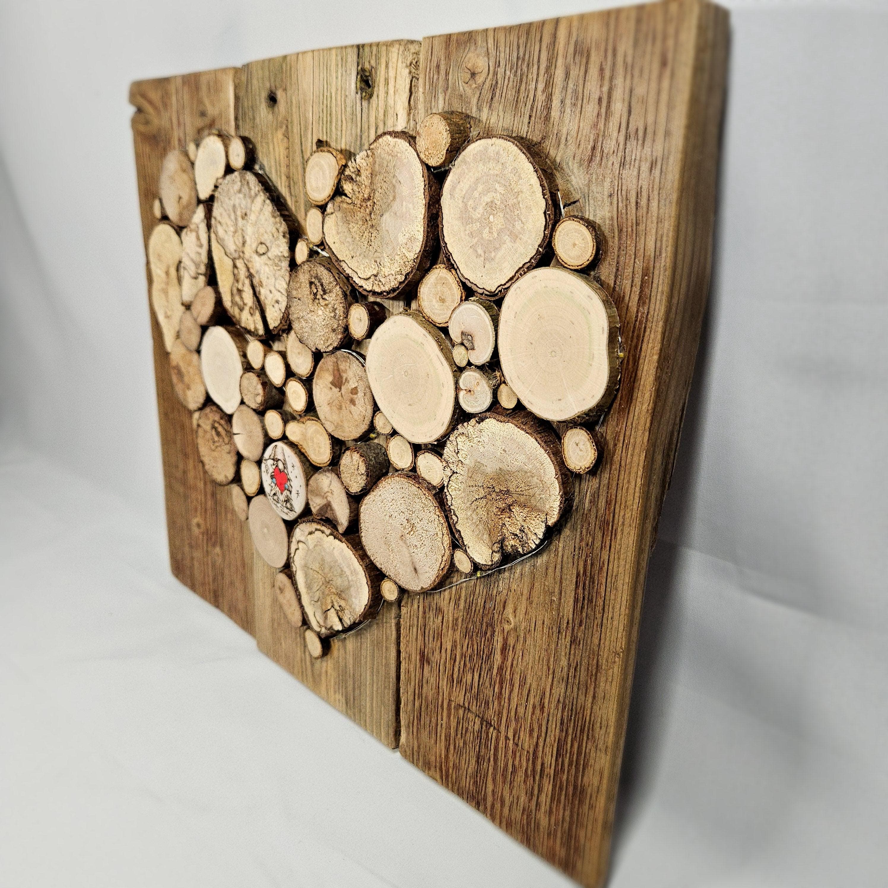 Wood Slice Mosaic featuring Pyrography Detail and Heart Design, made in Wotton-under-Edge, Gloucestershire, by Bough & Burrow - View 3