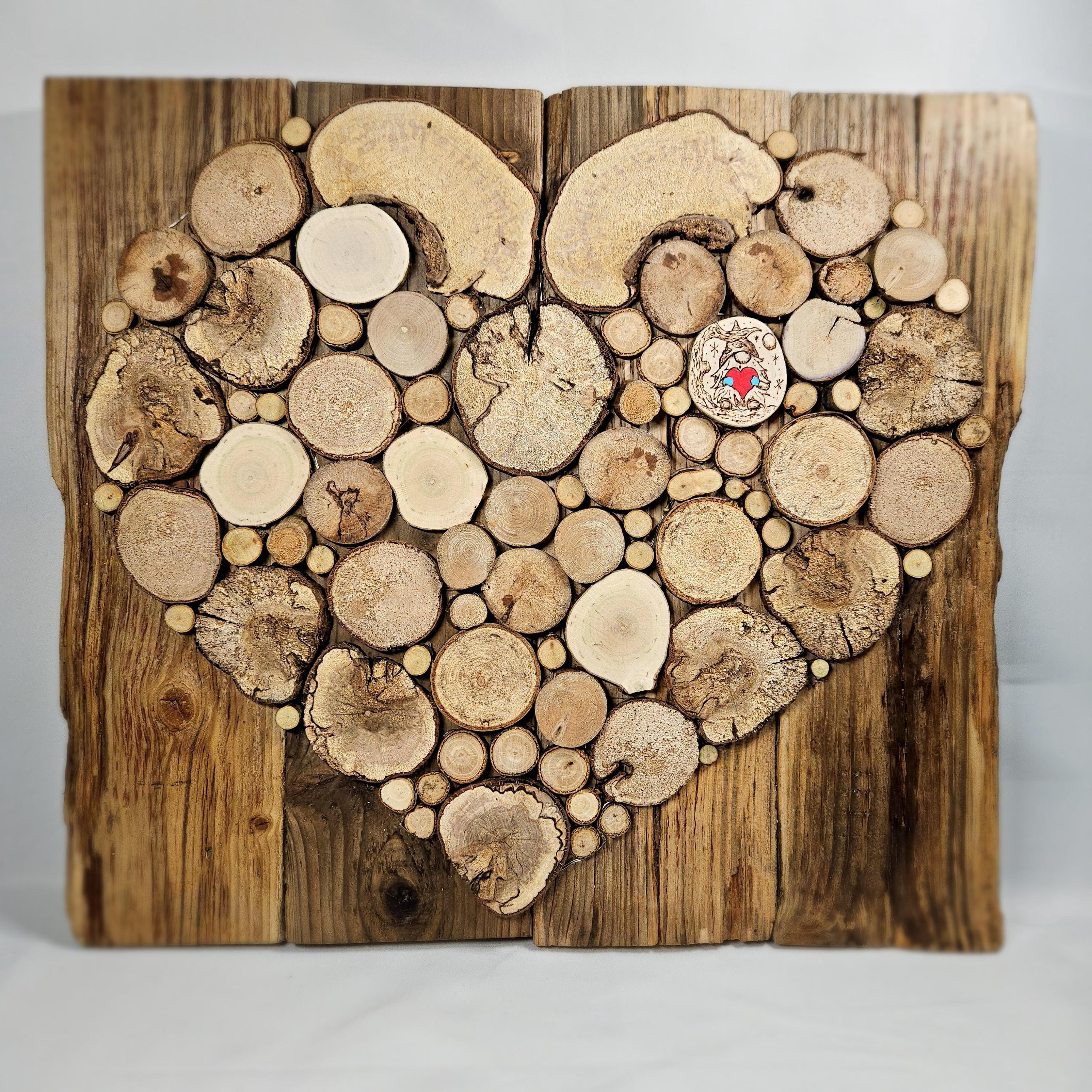 Wood Slice Heart with Fairy Lights & Pyrography, Mixed native species, made in Wotton-under-Edge, Gloucestershire, by Bough & Burrow - View 2