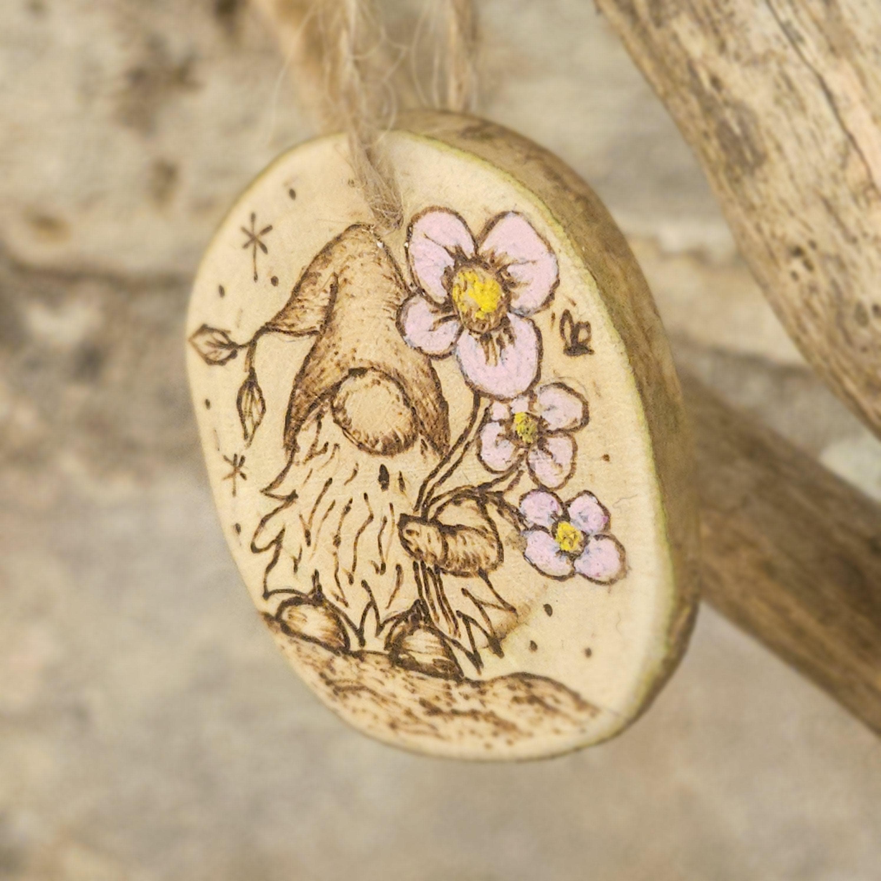 Wood slice Art, Spring Gonk / Gnome & Flowers Wooden Keepsake with Moonlit Landscape, made in Wotton-under-Edge, Gloucestershire, by Bough & Burrow - View 7