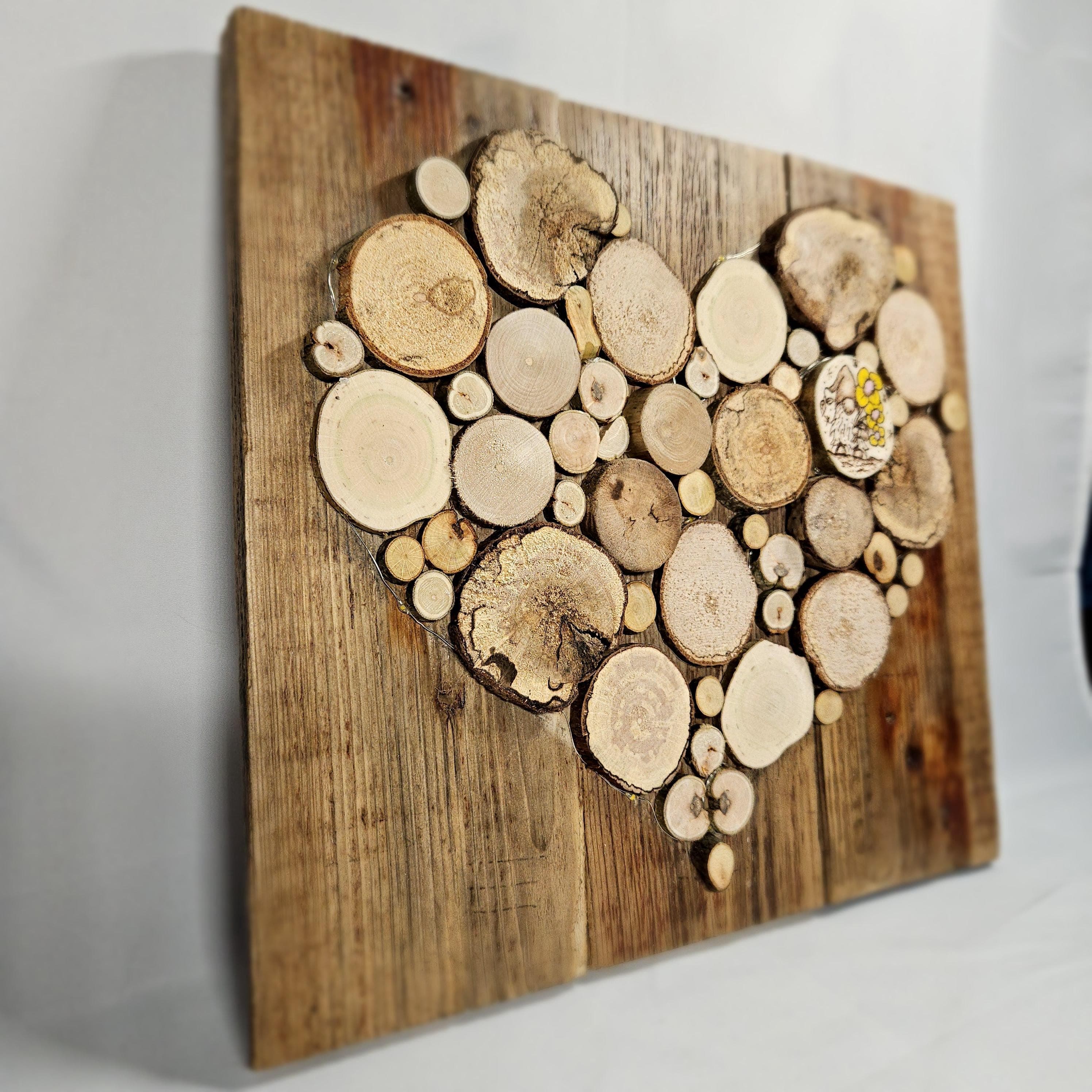 Wooden Wall Art wood decor featuring Heart Design and Pyrography Gonk & Flowers Detail, Rustic Wall Art, Wood Decor, Mother's Day Gift, made in Wotton-under-Edge, Gloucestershire, by Bough & Burrow - View 3