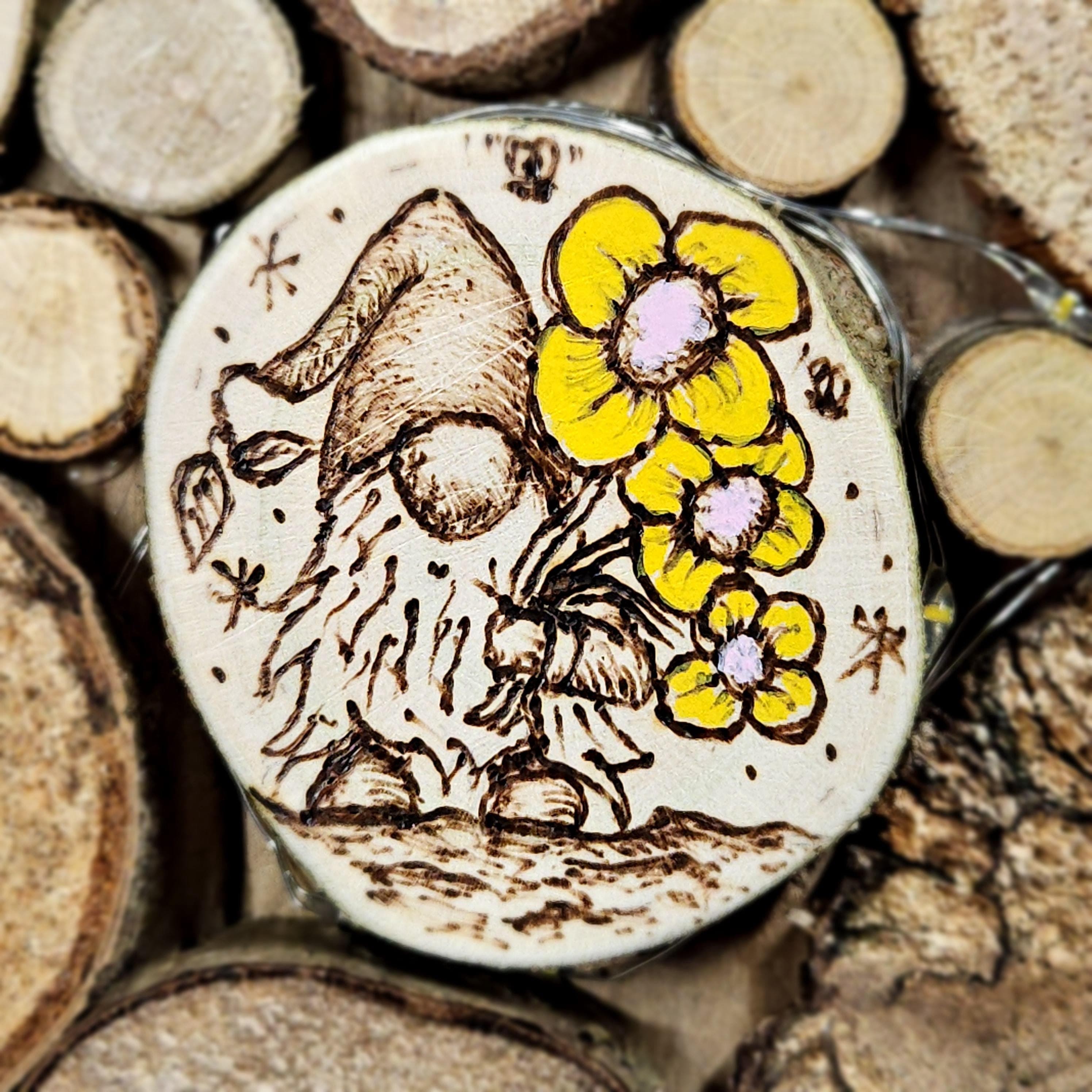 Wooden Wall Art wood decor featuring Heart Design and Pyrography Gonk & Flowers Detail, Rustic Wall Art, Wood Decor, Mother's Day Gift, made in Wotton-under-Edge, Gloucestershire, by Bough & Burrow - View 4