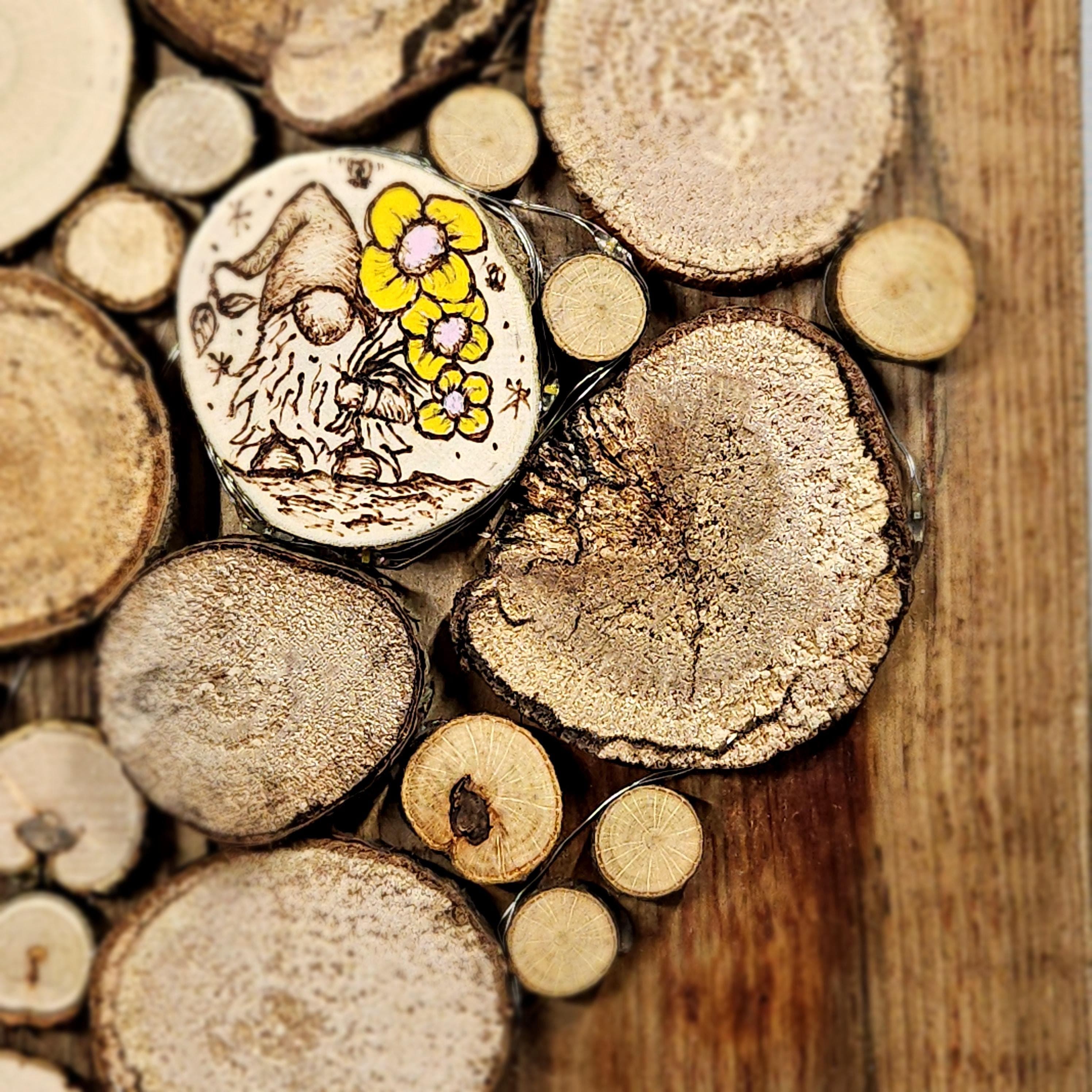 Wooden Wall Art wood decor featuring Heart Design and Pyrography Gonk & Flowers Detail, Rustic Wall Art, Wood Decor, Mother's Day Gift, made in Wotton-under-Edge, Gloucestershire, by Bough & Burrow - View 5