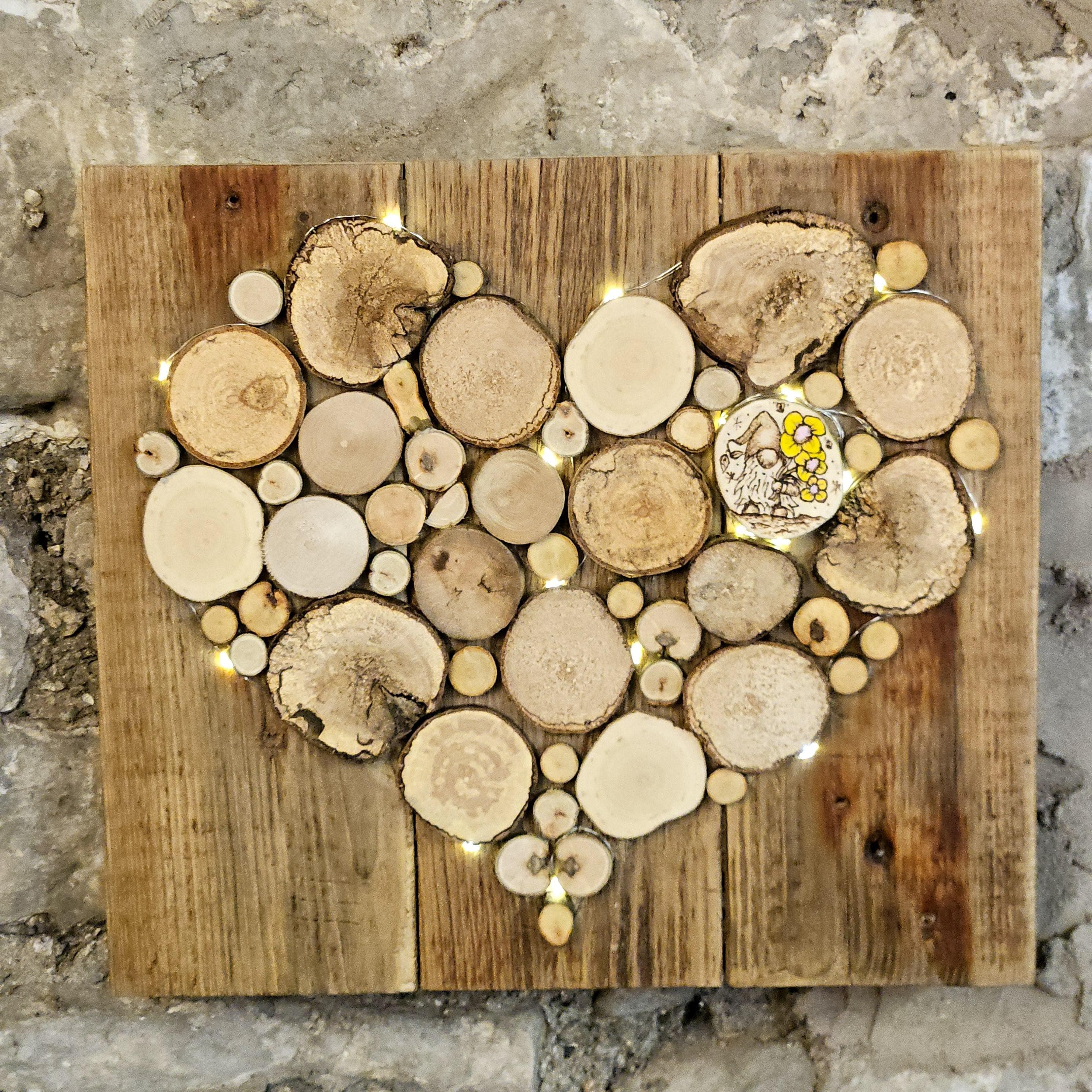 Wooden Wall Art wood decor featuring Heart Design and Pyrography Gonk & Flowers Detail, Rustic Wall Art, Wood Decor, Mother's Day Gift, made in Wotton-under-Edge, Gloucestershire, by Bough & Burrow - View 8