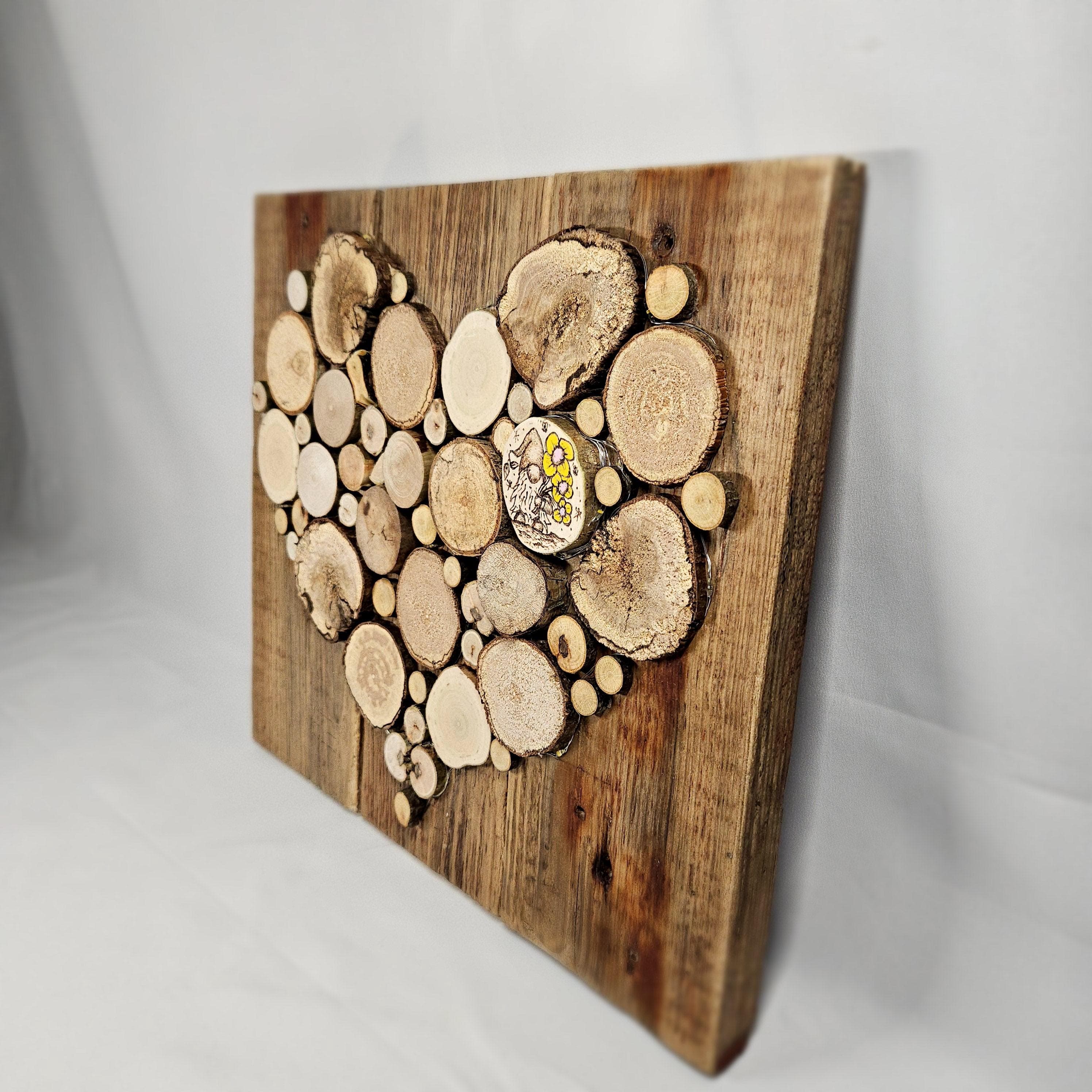 Wooden Wall Art wood decor featuring Heart Design and Pyrography Gonk & Flowers Detail, Rustic Wall Art, Wood Decor, Mother's Day Gift, made in Wotton-under-Edge, Gloucestershire, by Bough & Burrow - View 2