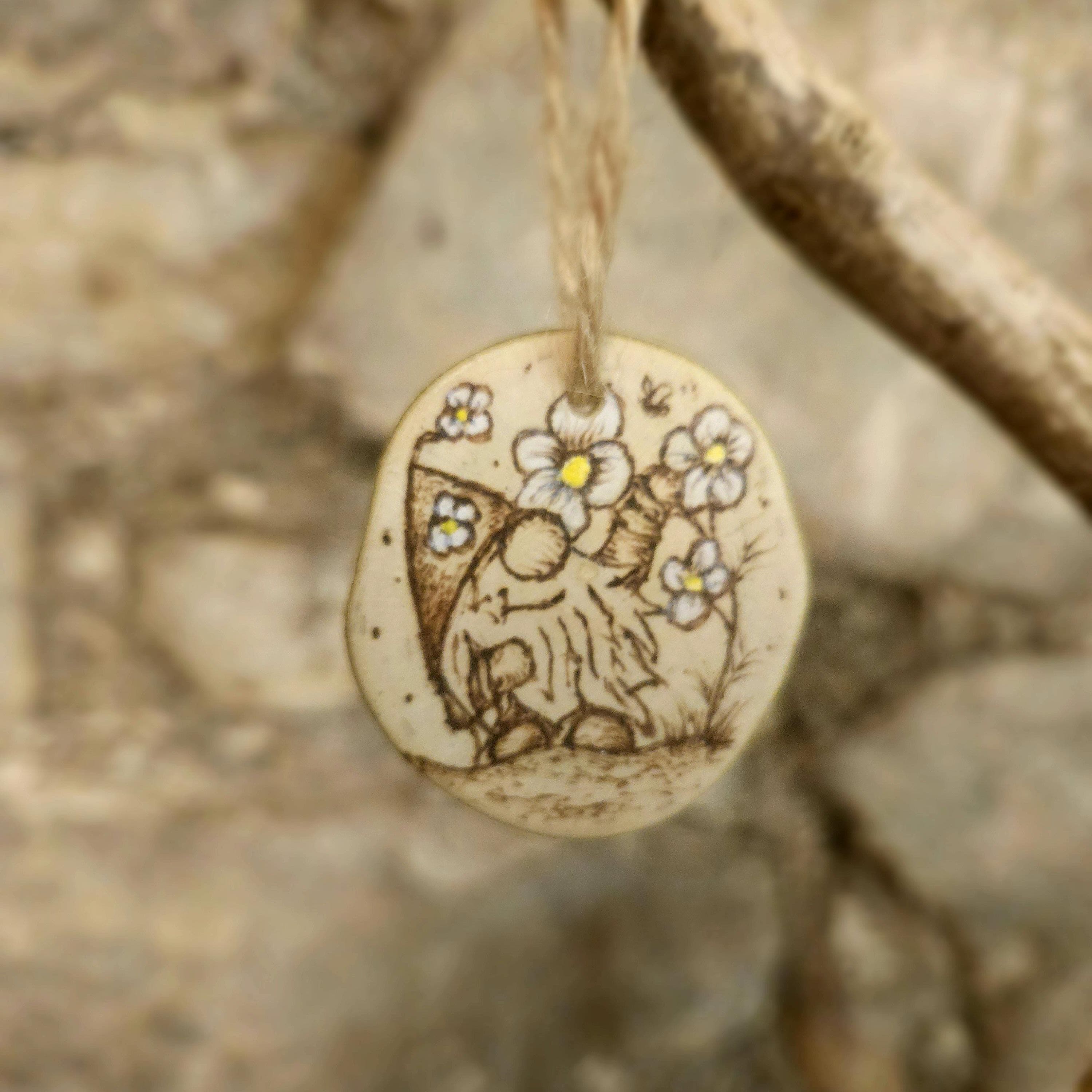 Wood Slice Art Spring Gonk / Gnome & Flowers Wooden Keepsake with Whimsical Landscape, made in Wotton-under-Edge, Gloucestershire, by Bough & Burrow - View 4